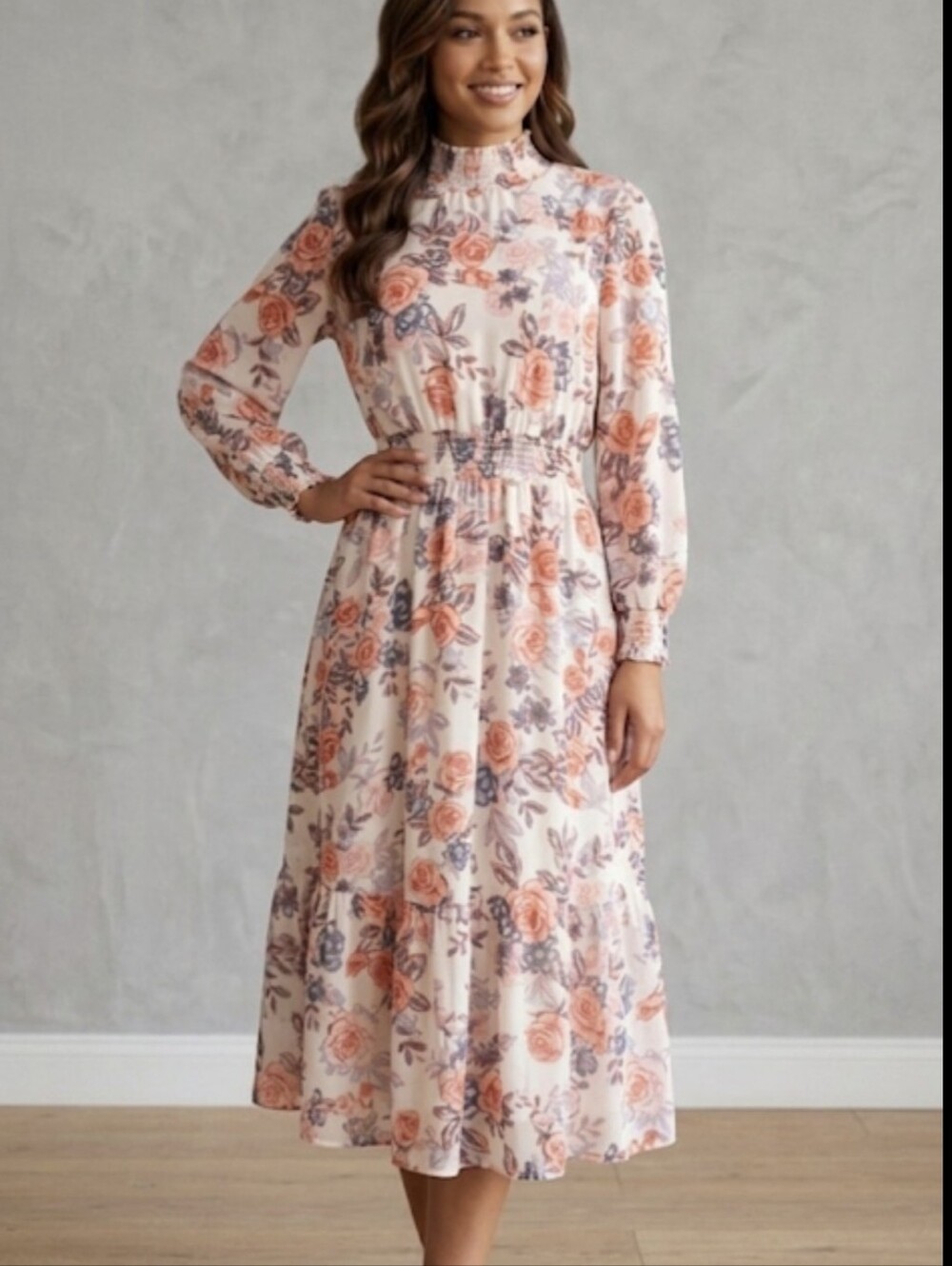 Nanette Lepore Floral Midi Dress Size 4 Smocked High Neck Long Sleeve Chiffon
